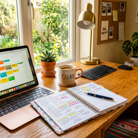 Home office desk with laptop showing a calendar, open planner with notes and a pen, coffee mug, keyboard, mouse, and plants