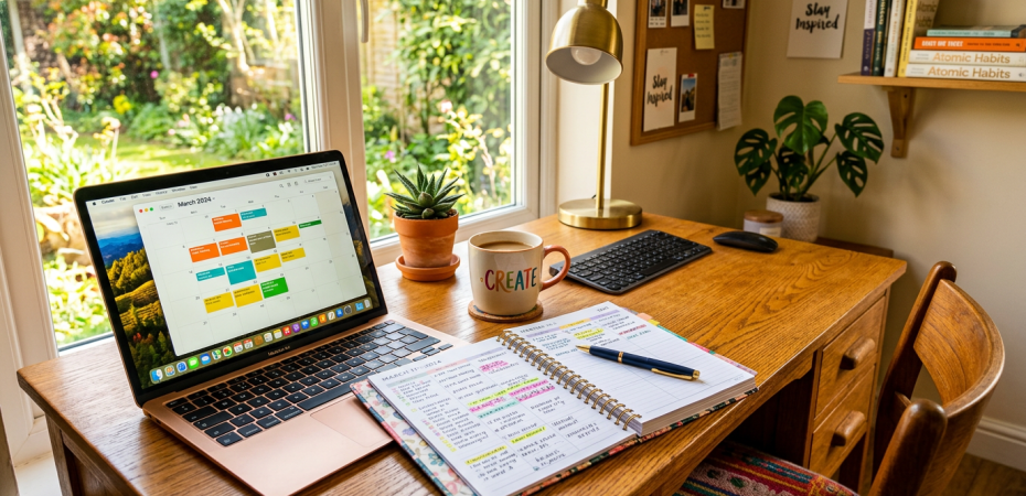 Home office desk with laptop showing a calendar, open planner with notes and a pen, coffee mug, keyboard, mouse, and plants