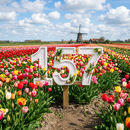 Wooden number 157 decorated with flowers in a tulip field with a windmill in the distance