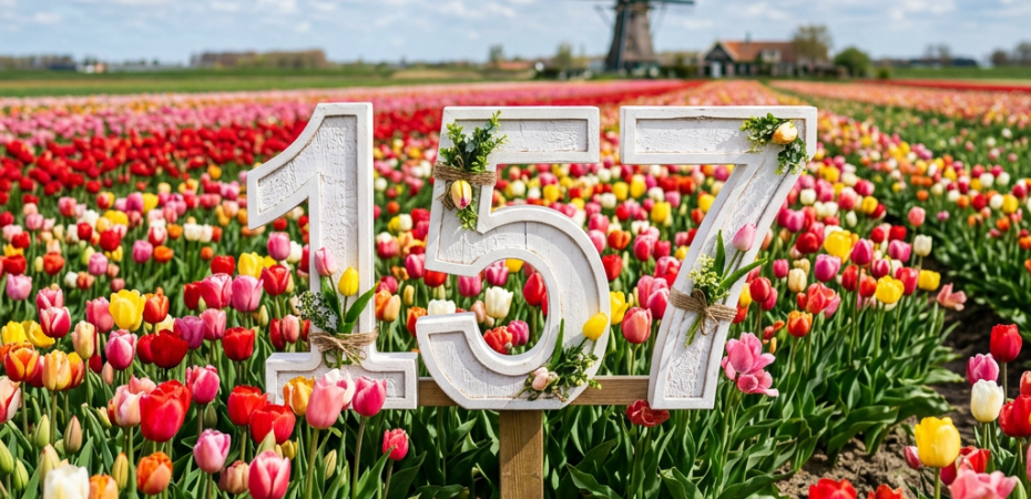 Wooden number 157 decorated with flowers in a tulip field with a windmill in the distance