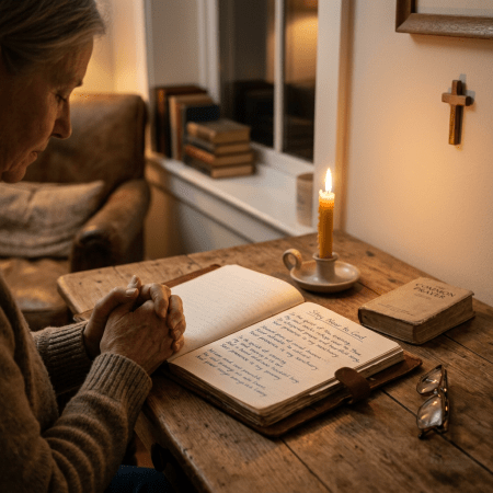 Woman praying with hands clasped near an open journal and lit candle