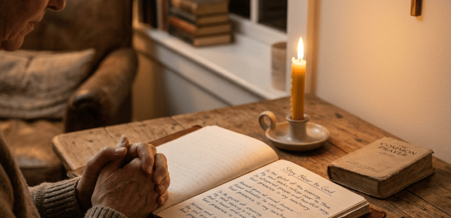 Woman praying with hands clasped near an open journal and lit candle
