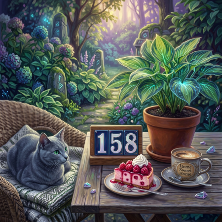 Orange and white cat on wicker chair near cheesecake, coffee cup, potted plant, and number sign 158 on wooden table