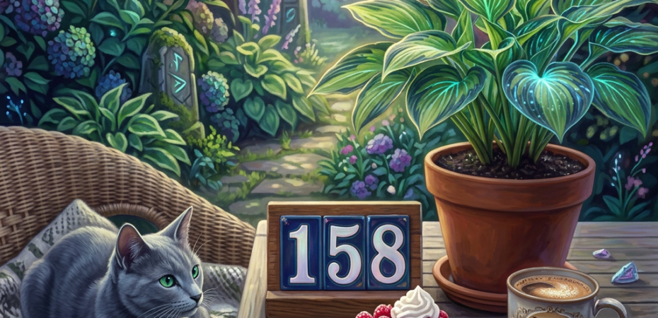 Orange and white cat on wicker chair near cheesecake, coffee cup, potted plant, and number sign 158 on wooden table