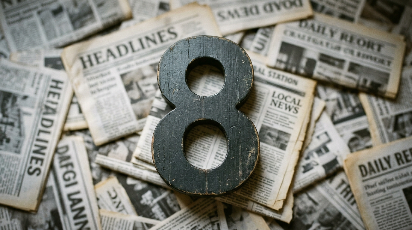 Black wooden number 8 on scattered vintage newspapers with headlines and local news