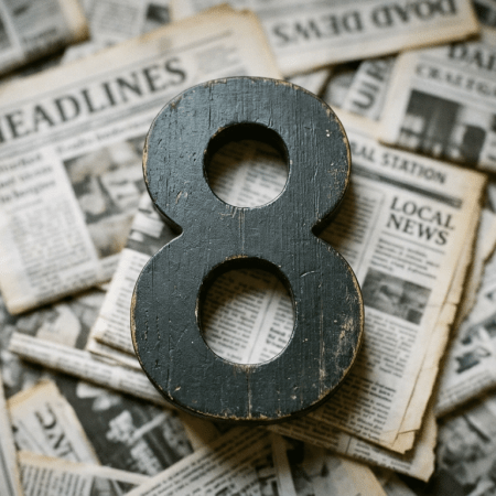 Black wooden number 8 on scattered vintage newspapers with headlines and local news