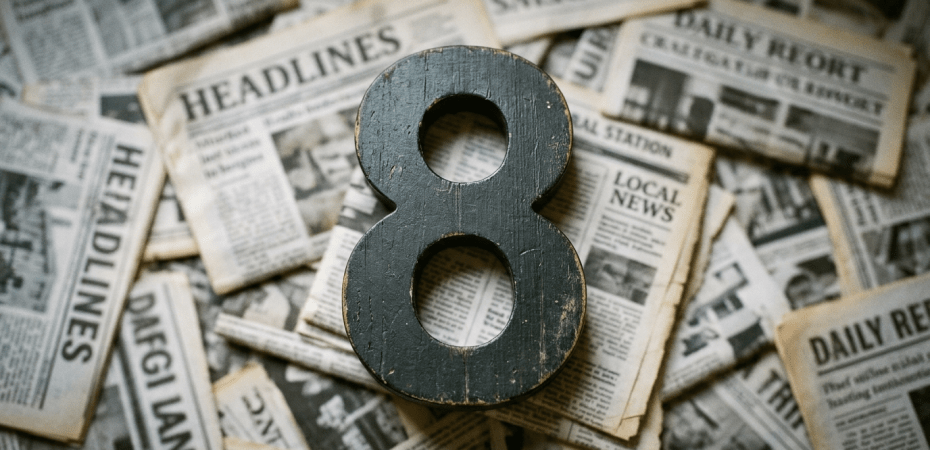 Black wooden number 8 on scattered vintage newspapers with headlines and local news
