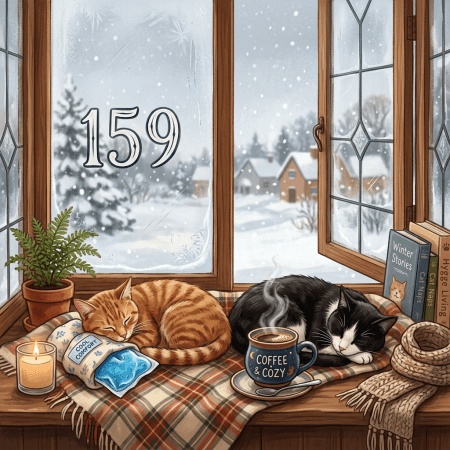 Orange and black-and-white cats sleeping on a plaid blanket by a window with snow outside and a cup labeled Coffee & Cozy