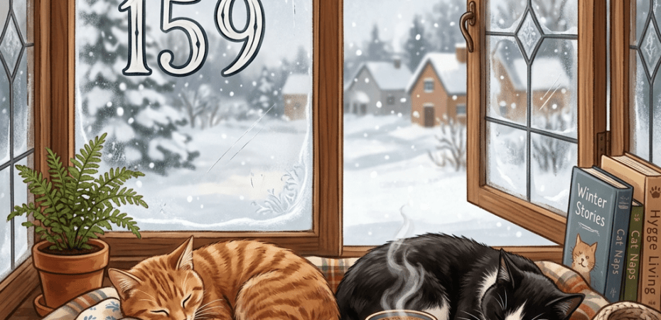 Orange and black-and-white cats sleeping on a plaid blanket by a window with snow outside and a cup labeled Coffee & Cozy