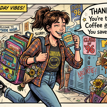 Student running in hallway holding coffee and flowers with books and taco in the background