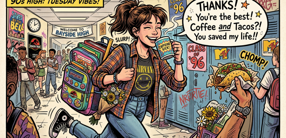 Student running in hallway holding coffee and flowers with books and taco in the background