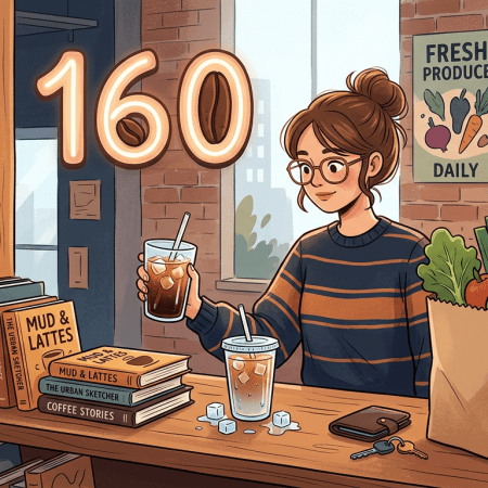 Young woman holding iced coffee at a cozy coffee shop counter with books and fresh produce bag
