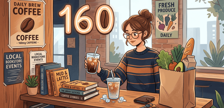 Young woman holding iced coffee at a cozy coffee shop counter with books and fresh produce bag