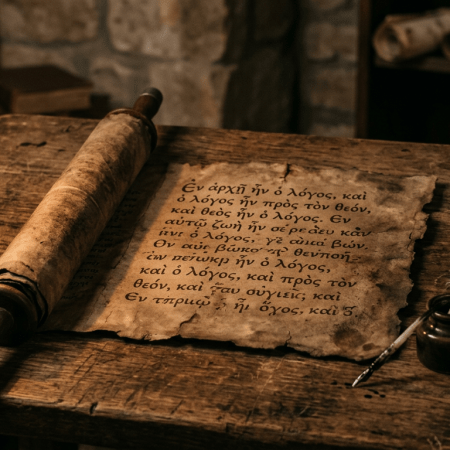 Ancient Greek manuscript on wooden table with quill, ink pot, and lit candle