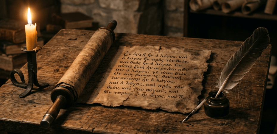 Ancient Greek manuscript on wooden table with quill, ink pot, and lit candle