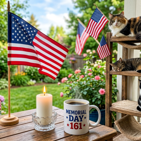 Three cats on cat tree with American flags, candle, and Memorial Day coffee mug