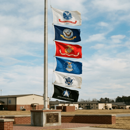 Flags of U.S. Army, Navy, Marine Corps, Air Force, Coast Guard, and Space Force on a flagpole