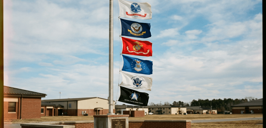 Flags of U.S. Army, Navy, Marine Corps, Air Force, Coast Guard, and Space Force on a flagpole