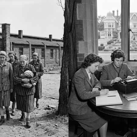Women prisoners in striped uniforms at concentration camp; women studying and decoding messages at Government Code and Cypher School