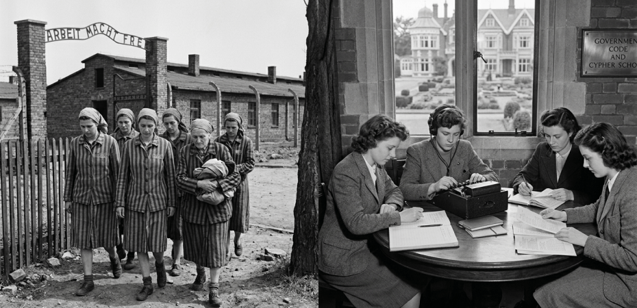 Women prisoners in striped uniforms at concentration camp; women studying and decoding messages at Government Code and Cypher School
