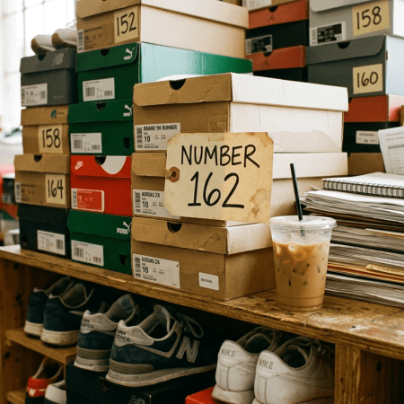 Stacked shoe boxes labeled with numbers and a pile of paperwork on a wooden shelf with sneakers underneath