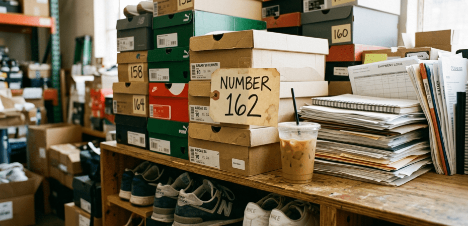 Stacked shoe boxes labeled with numbers and a pile of paperwork on a wooden shelf with sneakers underneath