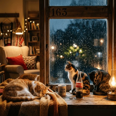 Three cats sitting and sleeping on a window ledge beside a steaming mug and a bottle of Coca-Cola on a rainy evening
