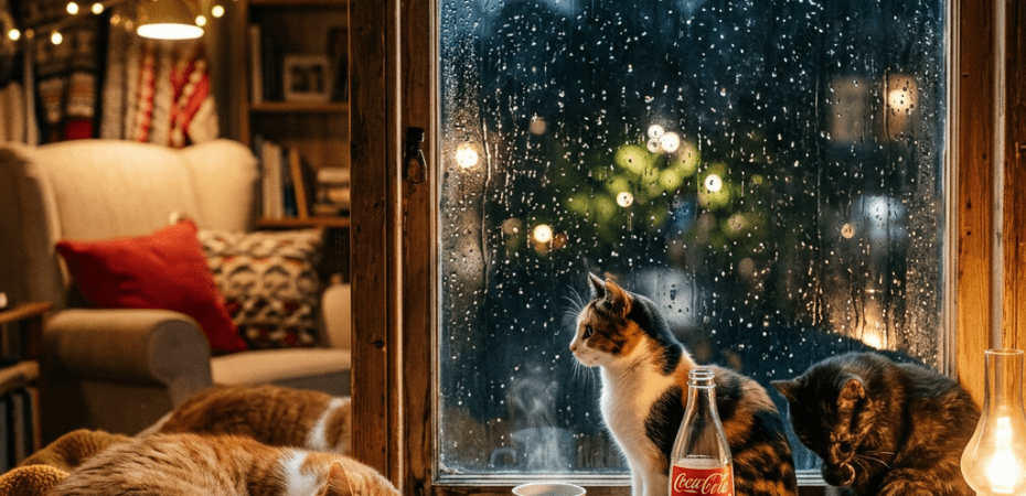 Three cats sitting and sleeping on a window ledge beside a steaming mug and a bottle of Coca-Cola on a rainy evening