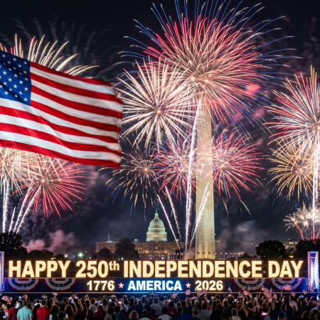 Fireworks bursting in the sky behind the Washington Monument and U.S. Capitol with an American flag and a sign reading Happy 250th Independence Day 1776 America 2026