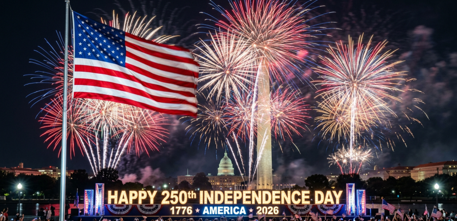 Fireworks bursting in the sky behind the Washington Monument and U.S. Capitol with an American flag and a sign reading Happy 250th Independence Day 1776 America 2026