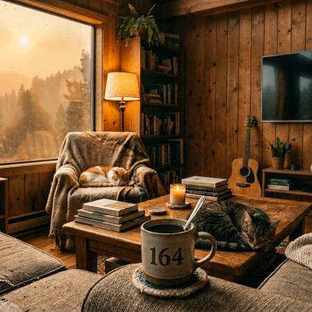 Cozy rustic living room with cats sleeping on furniture and a lit fireplace