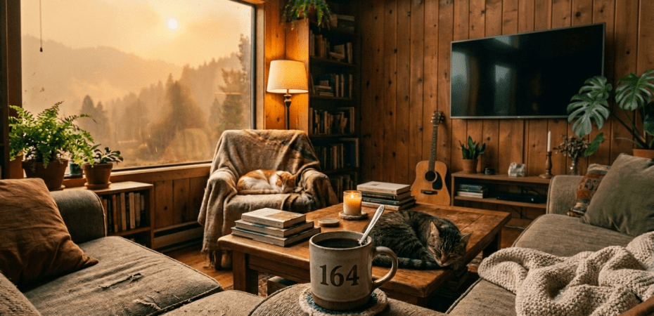 Cozy rustic living room with cats sleeping on furniture and a lit fireplace