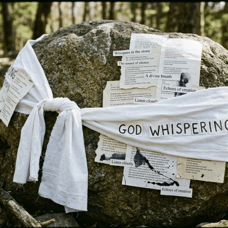 Large rock wrapped with white cloth labeled 'GOD WHISPERING' and various paper notes with poetic text in a forest